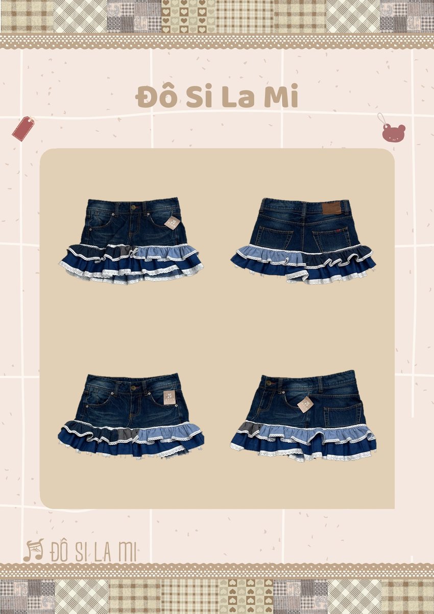Chân váy jean đậm màu patchwork bèo ren xám xanh navy